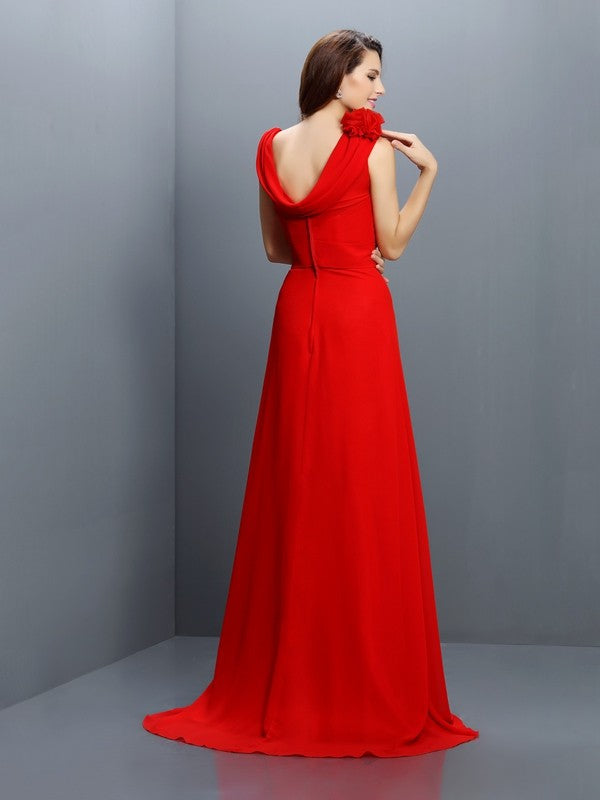 A-Linie/Princess-Linie Bateau-Ausschnitt Handgemachte Blume Ärmellos Lange Chiffon Brautjungfernkleider Abendkleid