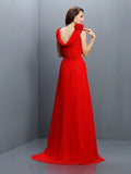 A-Linie/Princess-Linie Bateau-Ausschnitt Handgemachte Blume Ärmellos Lange Chiffon Brautjungfernkleider Abendkleid