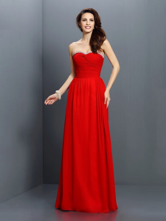 A-Line/Princess Sweetheart Beading Sleeveless Long Chiffon Bridesmaid Dresses Evening Prom Dress