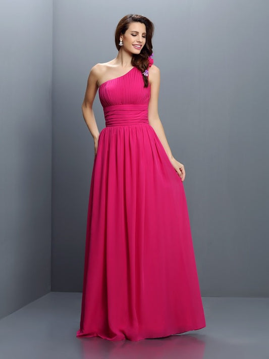 A-Linie/Princess-Linie One-Shoulder-Träger Falten Ärmellos Lang Chiffon Brautjungfernkleider Abendkleid