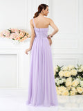Vestido de dama de honor largo de gasa sin mangas con un hombro plisado y flores hechas a mano, corte A/princesa, para invitada de boda
