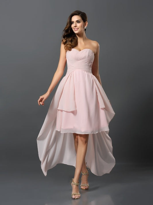 Vestido de dama de honor de gasa con corte A/princesa, escote corazón, plisado, sin mangas, corte alto bajo, para invitada de boda
