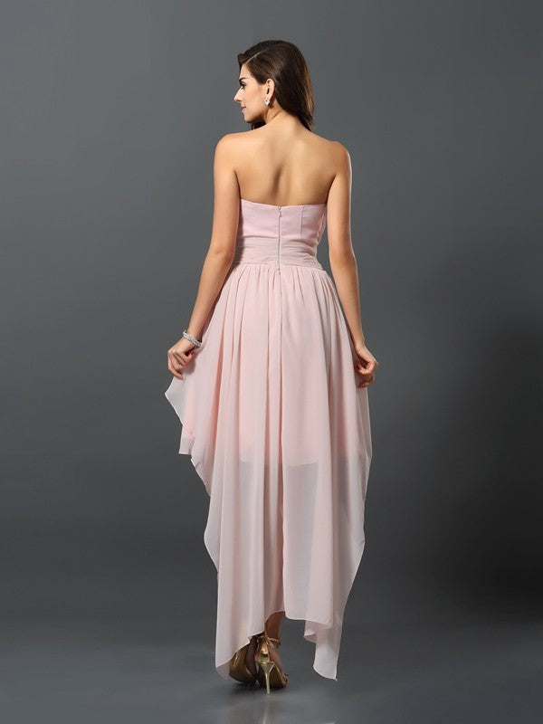 A-Line/Princess Sweetheart Pleats Sleeveless High Low Chiffon Bridesmaid Dresses Wedding Guest Dress