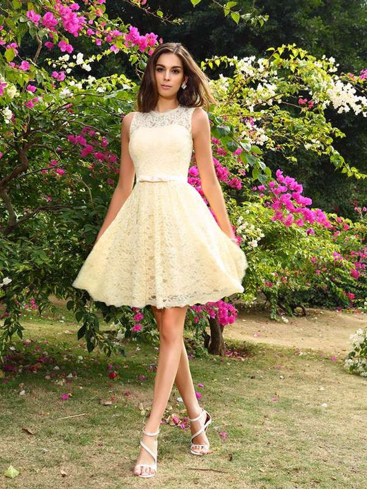 Vestido de dama de honor de satén tipo seda, corto, sin mangas, con encaje, corte princesa, corte A/princesa, para invitada de boda