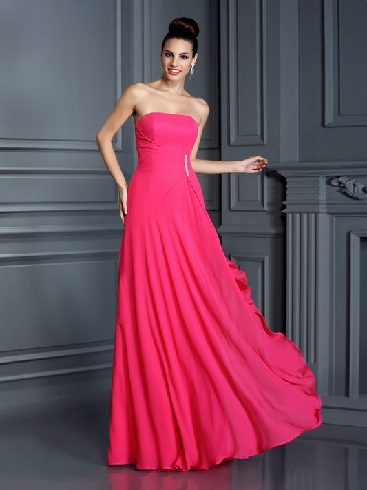 A-Line/Princess Strapless Beading Sleeveless Long Chiffon Bridesmaid Dresses Evening Prom Dress