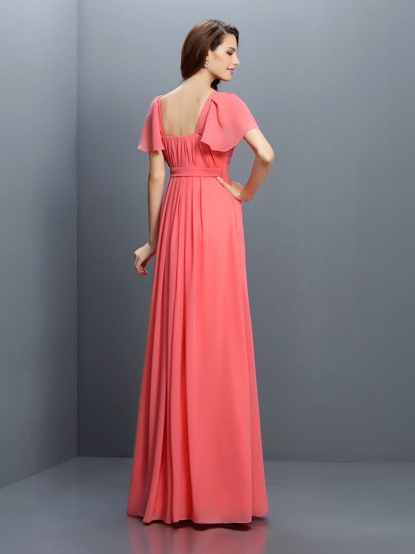 A-Line/Princess Sweetheart Pleats 1/2 Sleeves Long Chiffon Bridesmaid Dresses Evening Dress