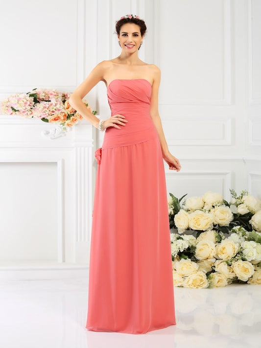 Sheath/Column Strapless Hand-Made Flower Sleeveless Long Chiffon Bridesmaid Dresses Evening Prom Dress