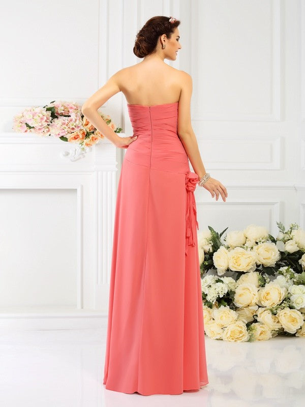 Sheath/Column Strapless Hand-Made Flower Sleeveless Long Chiffon Bridesmaid Dresses Evening Prom Dress