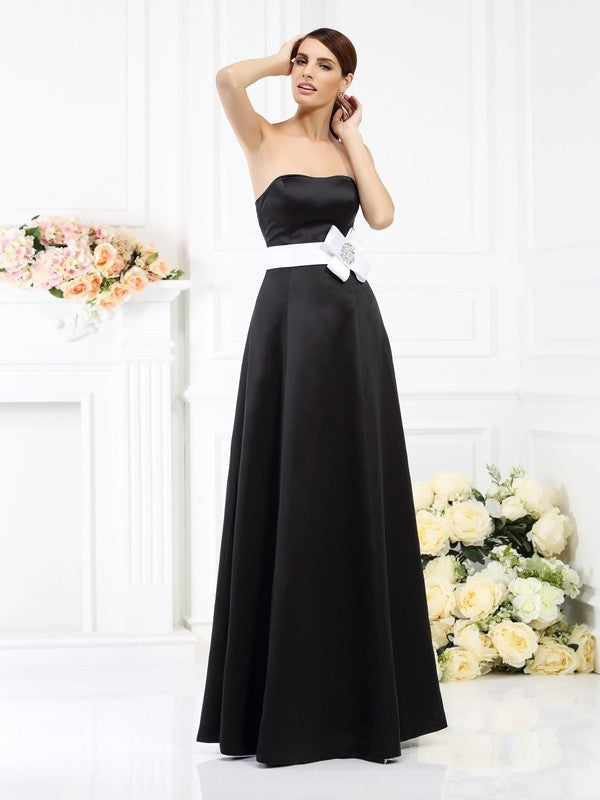 A-Line/Princess Strapless Sash/Ribbon/Belt Sleeveless Long Satin Bridesmaid Dresses Evening Prom Dress
