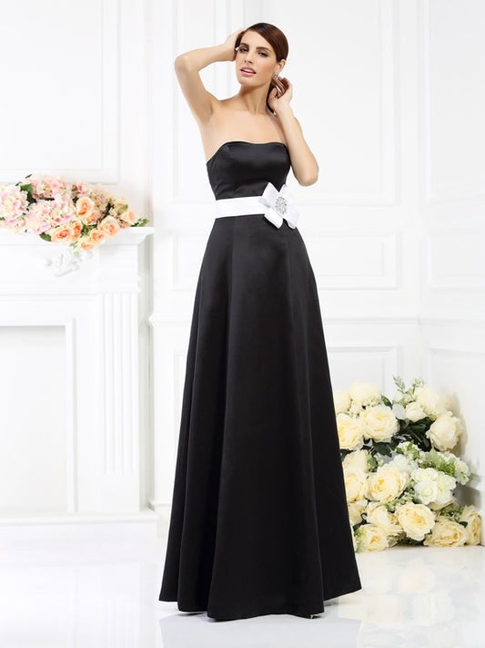 A-Line/Princess Strapless Sash/Ribbon/Belt Sleeveless Long Satin Bridesmaid Dresses Evening Prom Dress