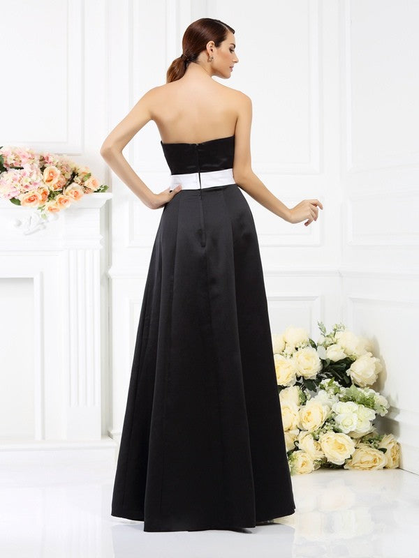A-Line/Princess Strapless Sash/Ribbon/Belt Sleeveless Long Satin Bridesmaid Dresses Evening Prom Dress