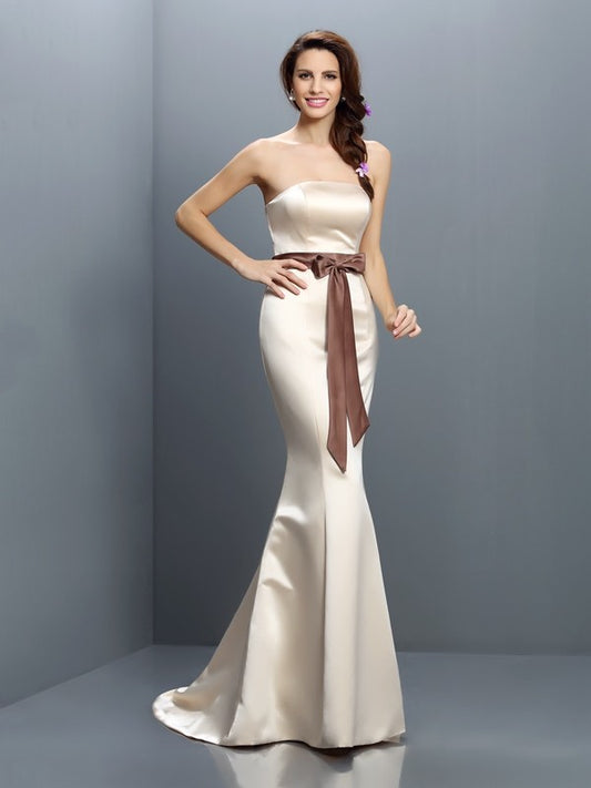 Trumpet/Mermaid Strapless Sash/Ribbon/Belt Sleeveless Long Satin Bridesmaid Dresses Evening Formal Dress