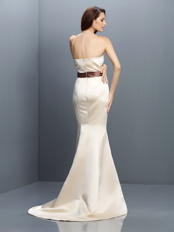 Trumpet/Mermaid Strapless Sash/Ribbon/Belt Sleeveless Long Satin Bridesmaid Dresses Evening Formal Dress