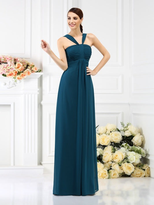 A-Line/Princess Straps Pleats Sleeveless Long Chiffon Bridesmaid Dresses Evening Prom Dress