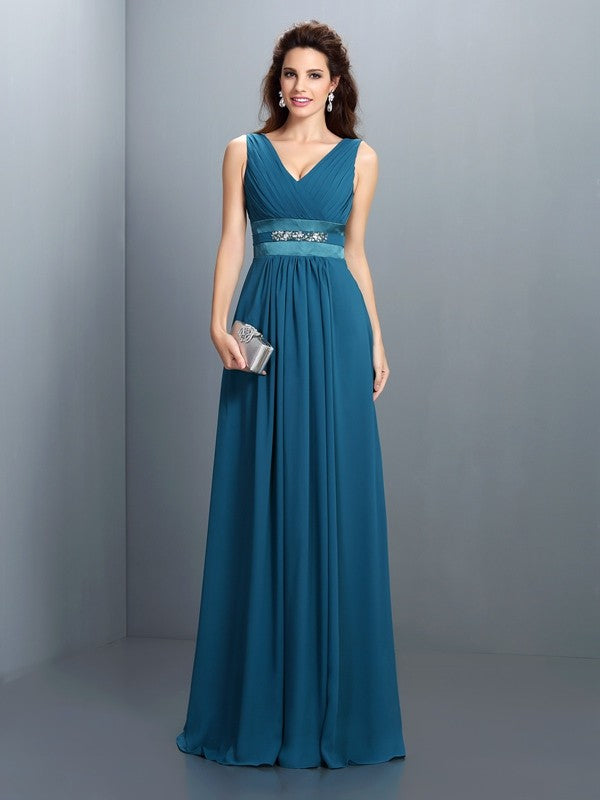 A-Line/Princess V-neck Beading Sleeveless Long Chiffon Bridesmaid Dresses Evening Prom Dress