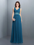 A-Line/Princess V-neck Beading Sleeveless Long Chiffon Bridesmaid Dresses Evening Prom Dress