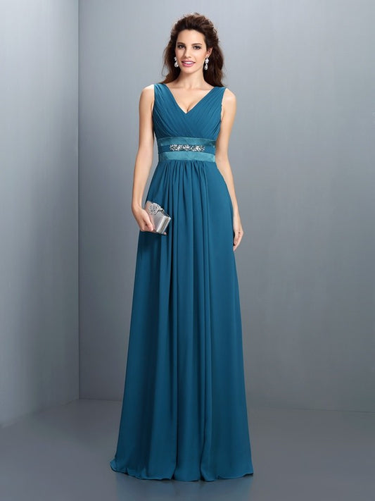A-Line/Princess V-neck Beading Sleeveless Long Chiffon Bridesmaid Dresses Evening Prom Dress