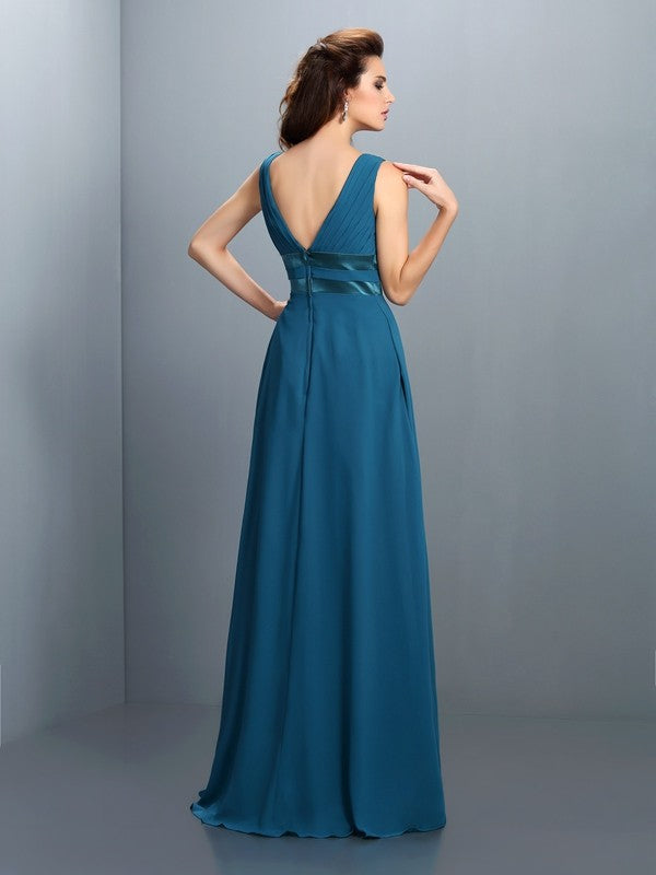 A-Line/Princess V-neck Beading Sleeveless Long Chiffon Bridesmaid Dresses Evening Prom Dress