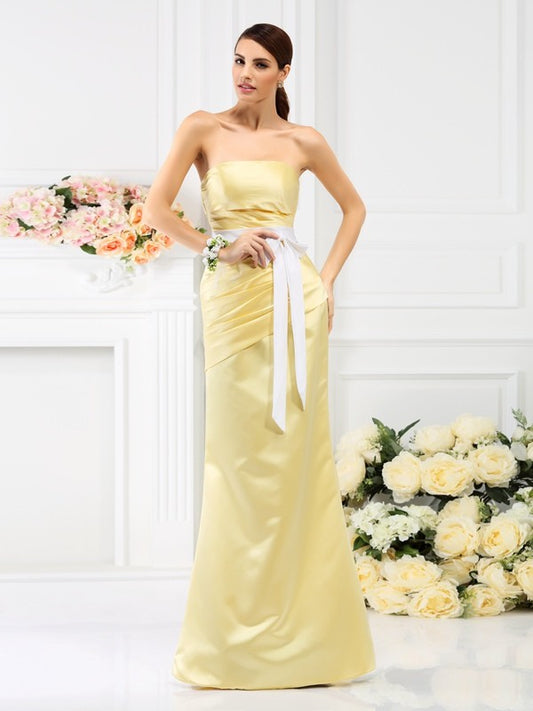 Trumpet/Mermaid Strapless Pleats Sleeveless Long Satin Bridesmaid Dresses Formal Evening Dress Gowns