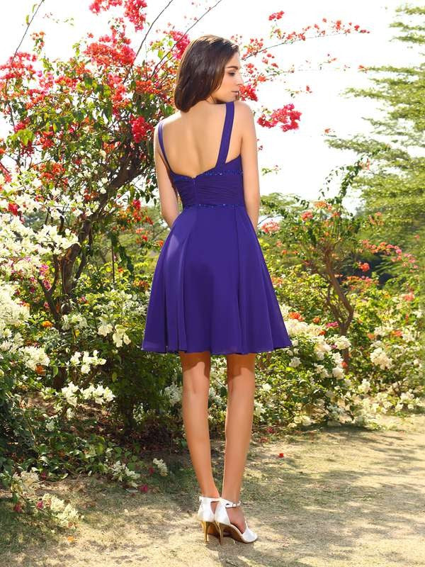 Vestido de dama de honor de gasa corto, corte A/princesa, escote en V, sin mangas, con cuentas, para invitada de boda