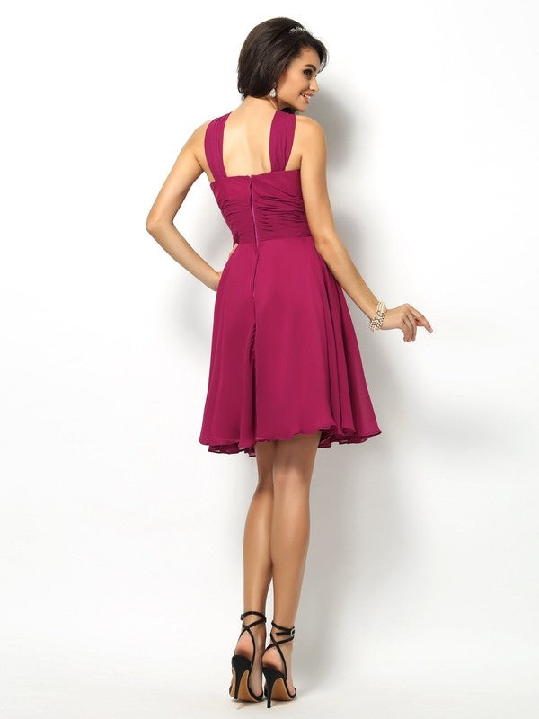 A-Linie/Princess-Linie Stehkragen Falten Ärmellos Kurz Chiffon Brautjungfernkleider Homecoming Ballkleid