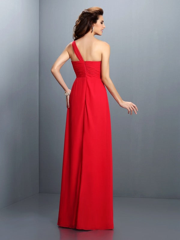Vestido de dama de honor largo de gasa, corte A/princesa, un hombro, con pliegues florales hechos a mano, sin mangas