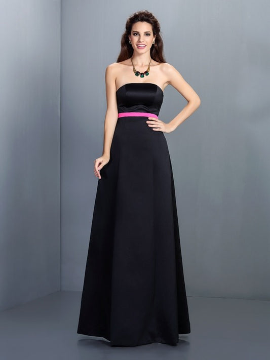 A-Line/Princess Strapless Sleeveless Long Satin Bridesmaid Dresses Formal Evening Dress Gowns