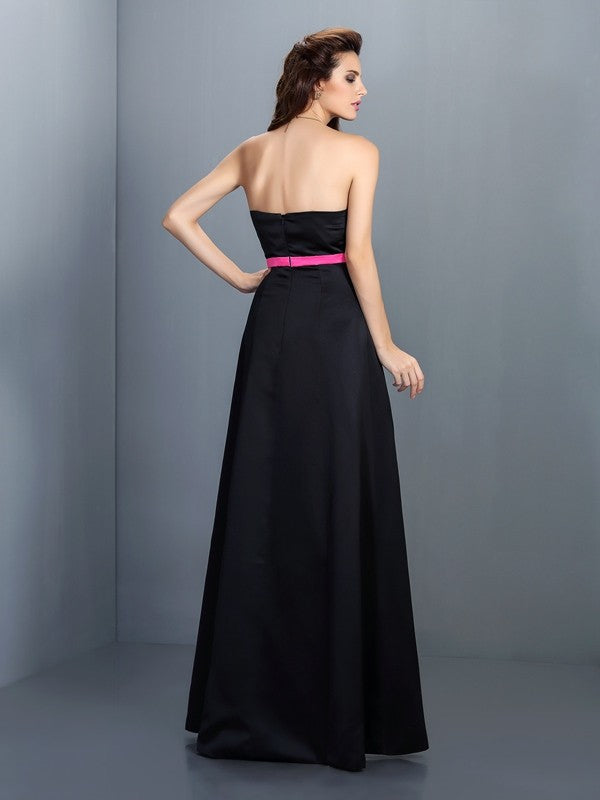A-Line/Princess Strapless Sleeveless Long Satin Bridesmaid Dresses Formal Evening Dress Gowns