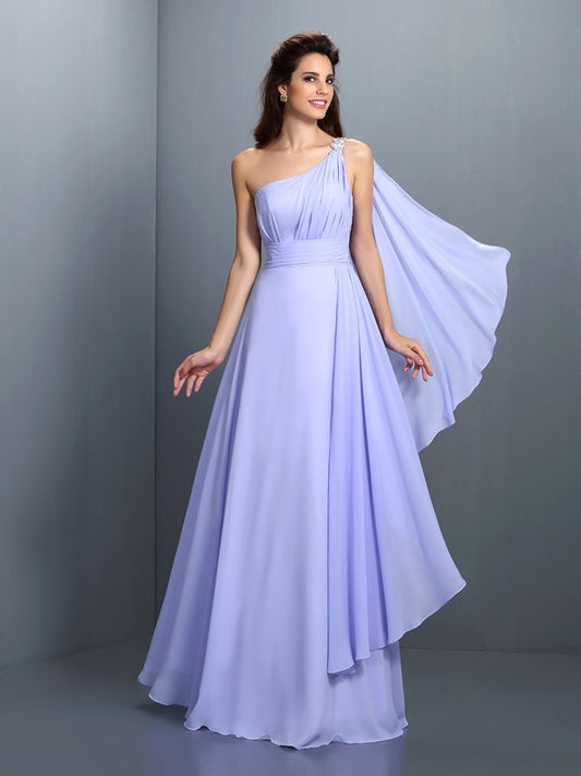 A-Line/Princess One-Shoulder Pleats Sleeveless Long Chiffon Bridesmaid Dresses Prom Evening Dress