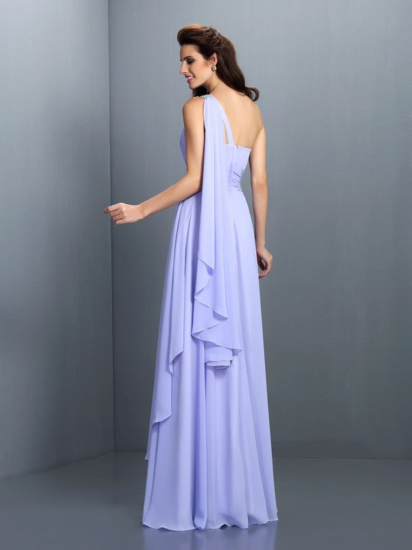 A-Line/Princess One-Shoulder Pleats Sleeveless Long Chiffon Bridesmaid Dresses Prom Evening Dress