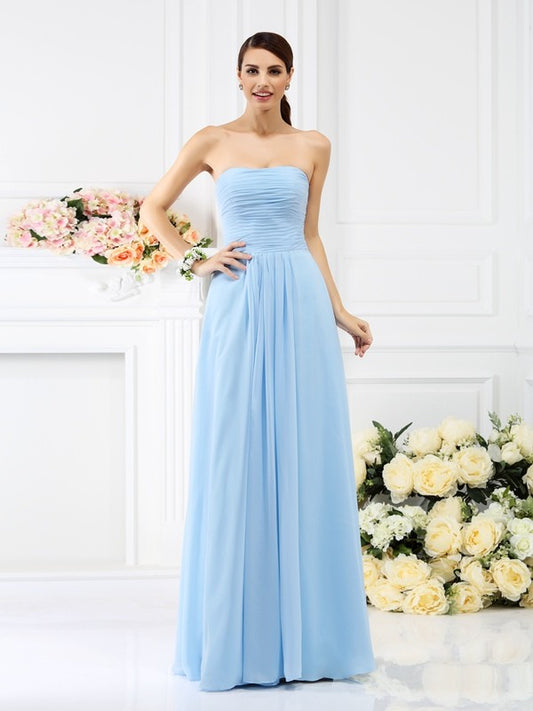 A-Line/Princess Strapless Pleats Sleeveless Long Chiffon Bridesmaid Dresses Evening Prom Dress