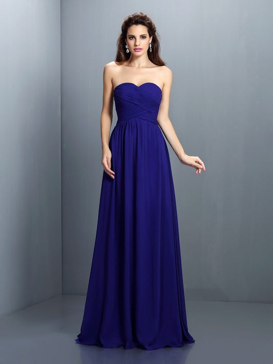 A-Line/Princess Sweetheart Pleats Sleeveless Long Chiffon Bridesmaid Dresses Evening Prom Dress
