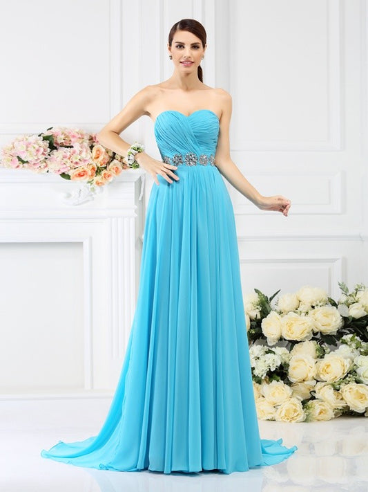 A-Line/Princess Sweetheart Beading Pleats Sleeveless Long Chiffon Bridesmaid Dresses Evening Prom Dress