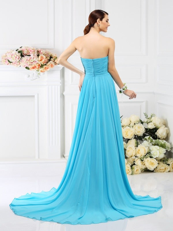 A-Line/Princess Sweetheart Beading Pleats Sleeveless Long Chiffon Bridesmaid Dresses Evening Prom Dress