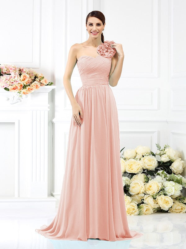 A-Line/Princess One-Shoulder Pleats Sleeveless Long Chiffon Bridesmaid Dresses Evening Dress