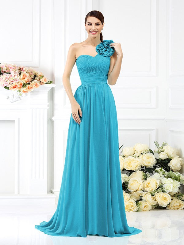 A-Line/Princess One-Shoulder Pleats Sleeveless Long Chiffon Bridesmaid Dresses Evening Dress