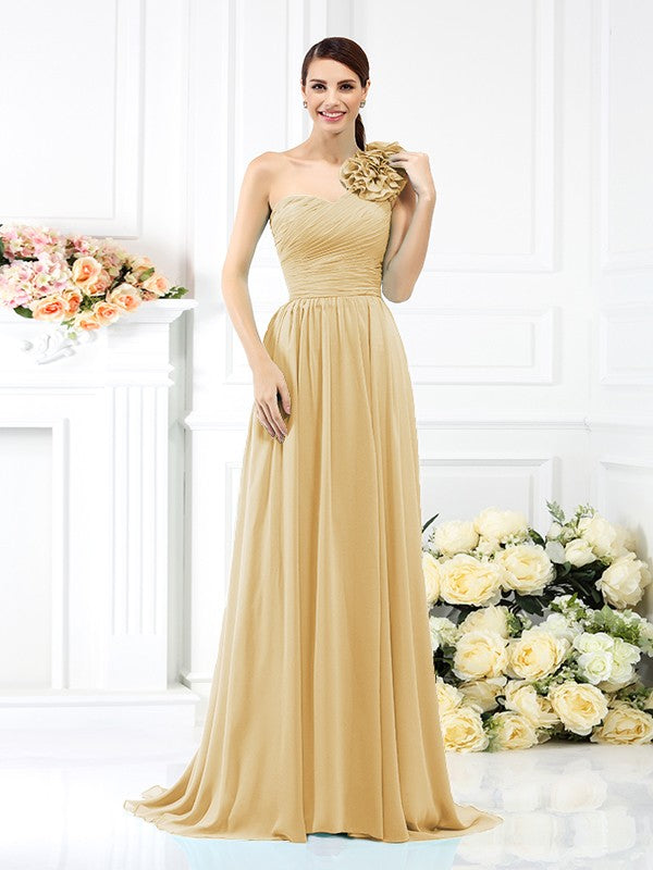 A-Line/Princess One-Shoulder Pleats Sleeveless Long Chiffon Bridesmaid Dresses Evening Dress