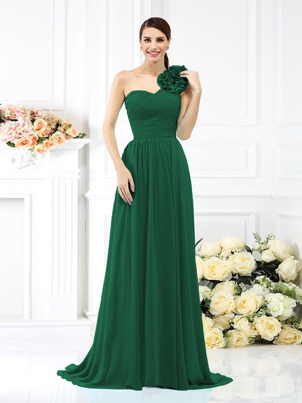 A-Line/Princess One-Shoulder Pleats Sleeveless Long Chiffon Bridesmaid Dresses Evening Dress