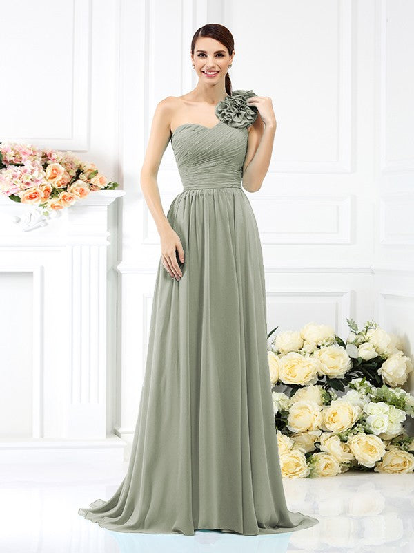 A-Line/Princess One-Shoulder Pleats Sleeveless Long Chiffon Bridesmaid Dresses Evening Dress