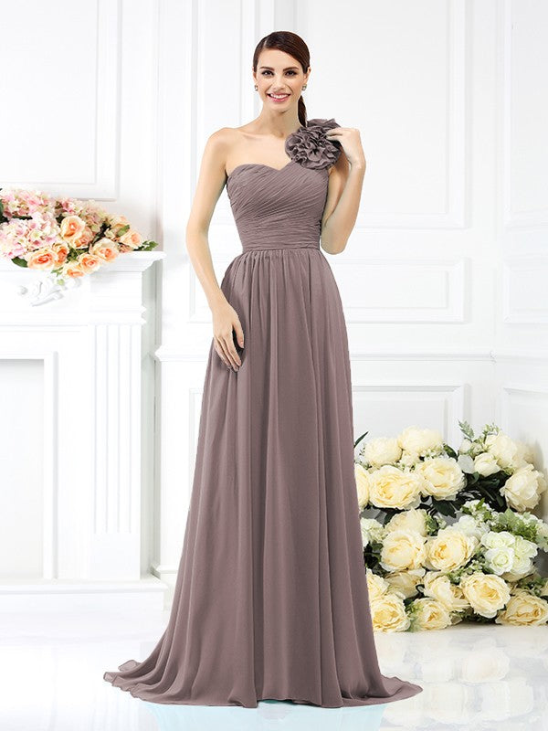 A-Line/Princess One-Shoulder Pleats Sleeveless Long Chiffon Bridesmaid Dresses Evening Dress