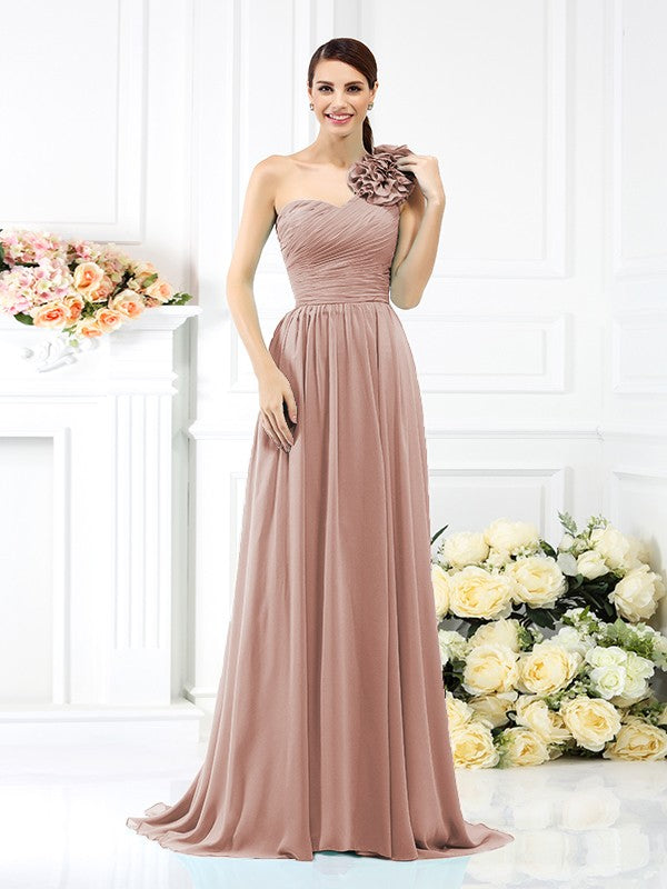 A-Line/Princess One-Shoulder Pleats Sleeveless Long Chiffon Bridesmaid Dresses Evening Dress