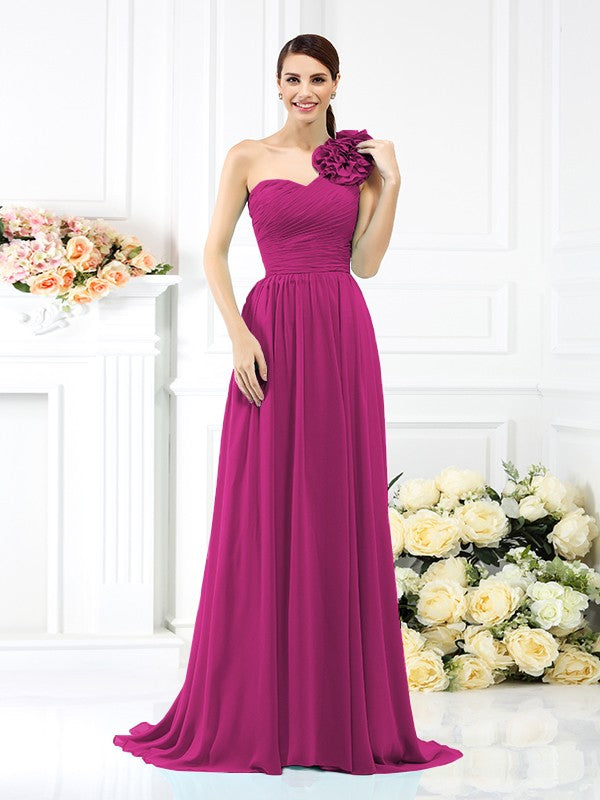 A-Line/Princess One-Shoulder Pleats Sleeveless Long Chiffon Bridesmaid Dresses Evening Dress