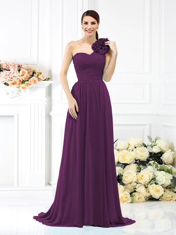 A-Line/Princess One-Shoulder Pleats Sleeveless Long Chiffon Bridesmaid Dresses Evening Dress