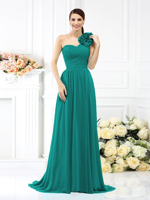 A-Line/Princess One-Shoulder Pleats Sleeveless Long Chiffon Bridesmaid Dresses Evening Dress