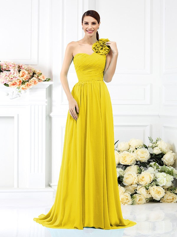 A-Line/Princess One-Shoulder Pleats Sleeveless Long Chiffon Bridesmaid Dresses Evening Dress