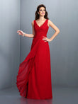 A-Line/Princess Straps Pleats Sleeveless Long Chiffon Bridesmaid Dresses Prom Evening Dress