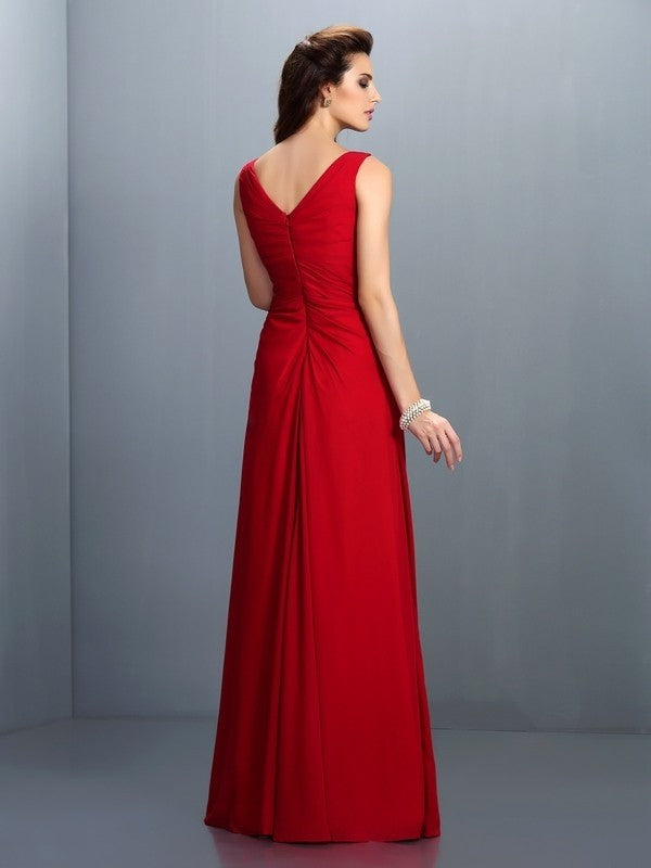A-Line/Princess Straps Pleats Sleeveless Long Chiffon Bridesmaid Dresses Prom Evening Dress