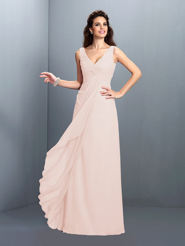 A-Line/Princess Straps Pleats Sleeveless Long Chiffon Bridesmaid Dresses Prom Evening Dress