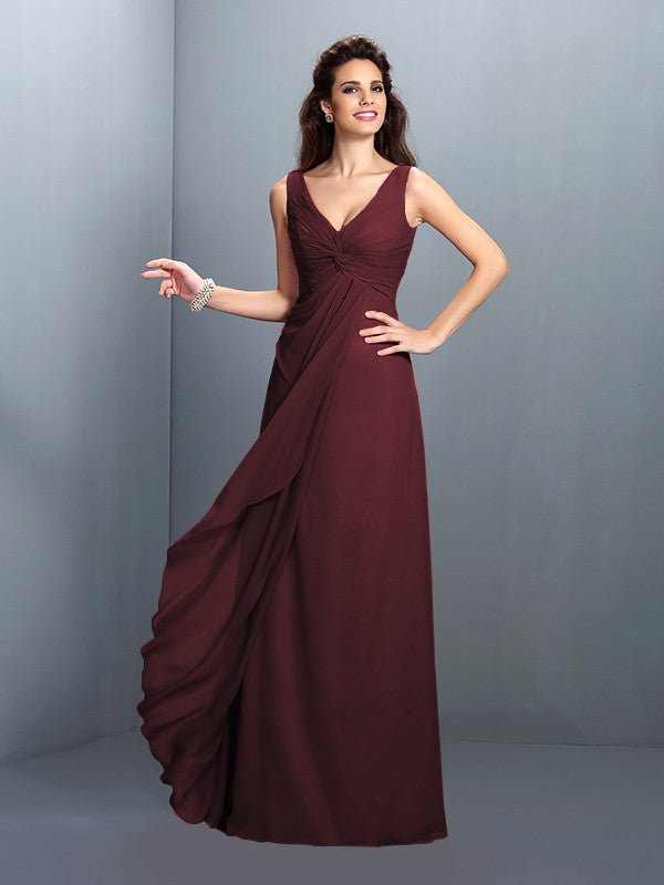 A-Line/Princess Straps Pleats Sleeveless Long Chiffon Bridesmaid Dresses Prom Evening Dress