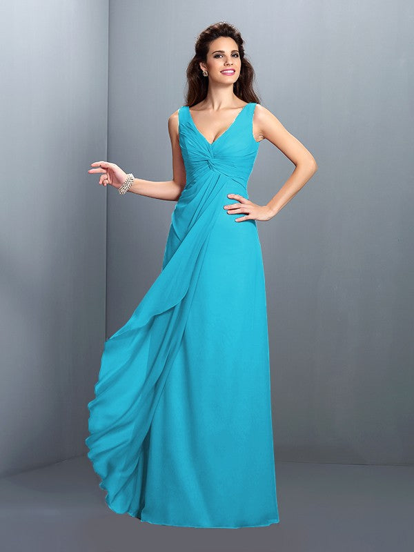 A-Line/Princess Straps Pleats Sleeveless Long Chiffon Bridesmaid Dresses Prom Evening Dress